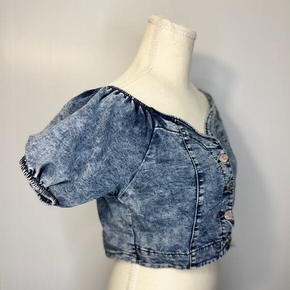 Denim Crop Top Puff Sleeve Women’s XL Acid Y2K Western Coquette Festival Rodeo - Picture 12 of 16